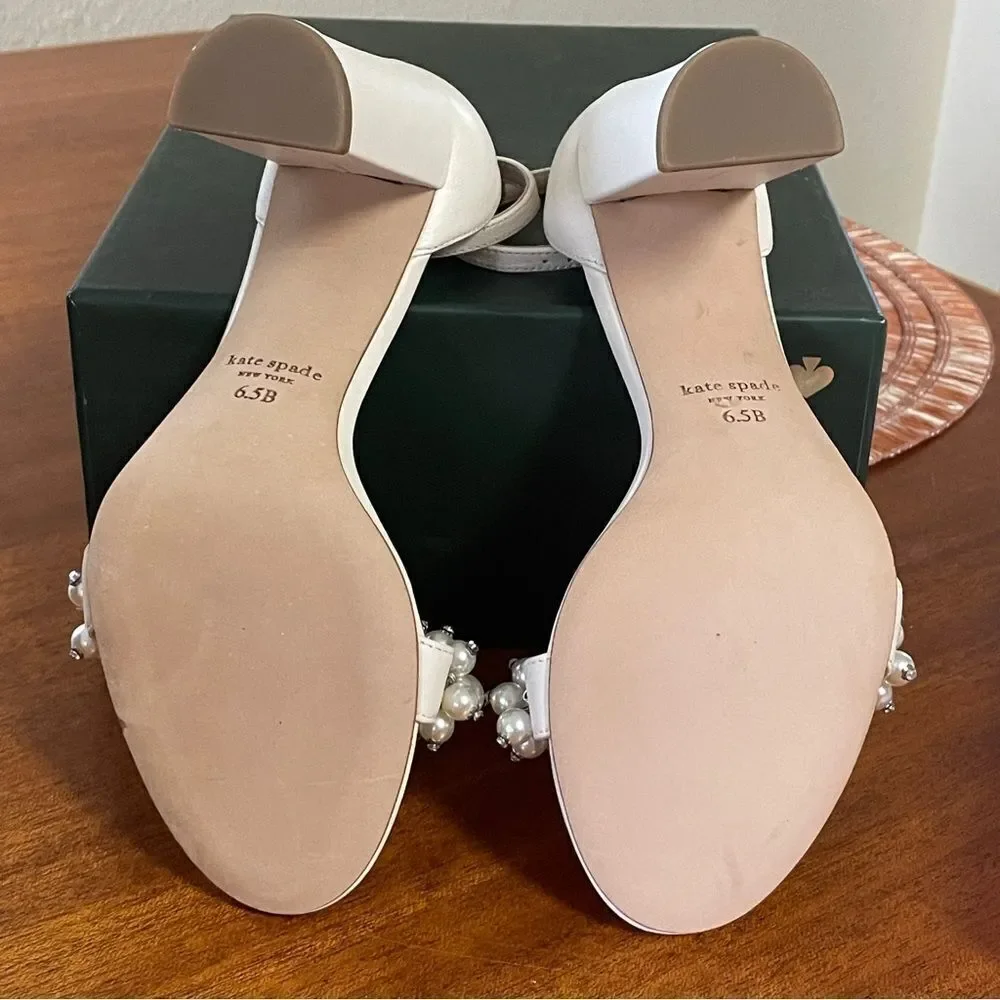 NIB Kate Spade Rosa Pearly Stud Ankle-strap Block Heels Ivory Parchment Size 6.5